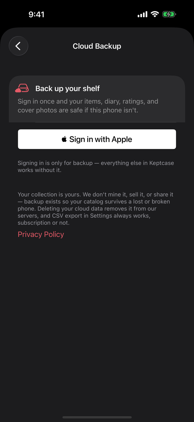 Keptcase cloud backup screen with Sign in with Apple and the data-ownership promise