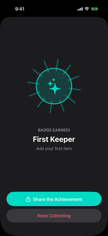 First Keeper badge earned celebration screen