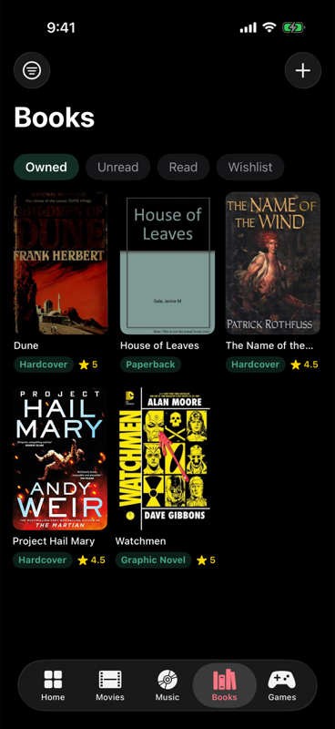Keptcase book shelf with Dune hardcover, Watchmen graphic novel, and Project Hail Mary