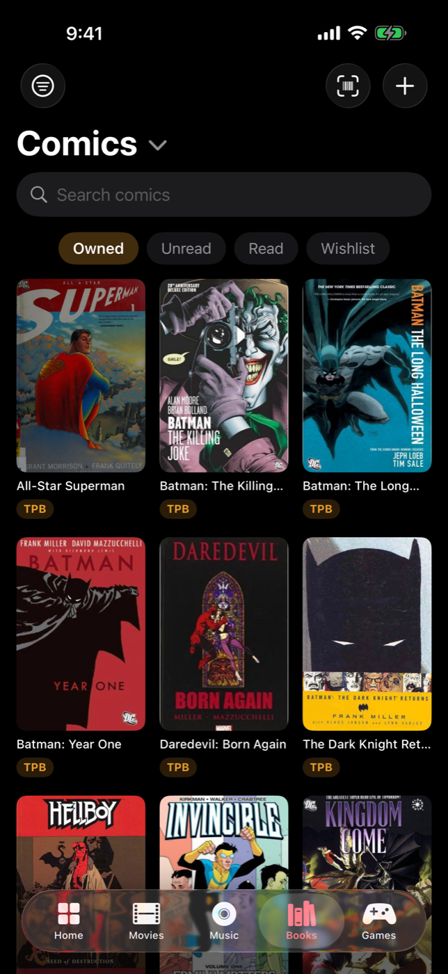 Keptcase comics rack with All-Star Superman, Batman: The Killing Joke, The Long Halloween, Year One, Daredevil: Born Again, The Dark Knight Returns, Hellboy, Invincible and Kingdom Come as trade paperbacks
