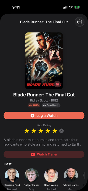 Blade Runner: The Final Cut item page with 4K Steelbook chips, five-star rating, and cast