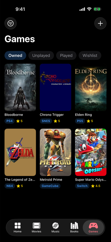 Keptcase game shelf with Bloodborne on PS4, Zelda Ocarina of Time on N64, and Elden Ring on PS5