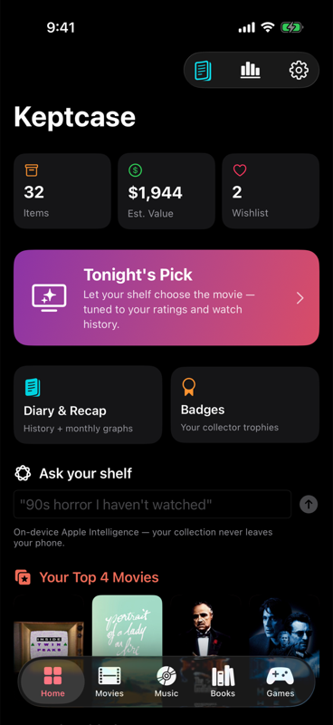 Keptcase home screen with collection stats, Tonight's Pick, and ask-your-shelf Apple Intelligence search