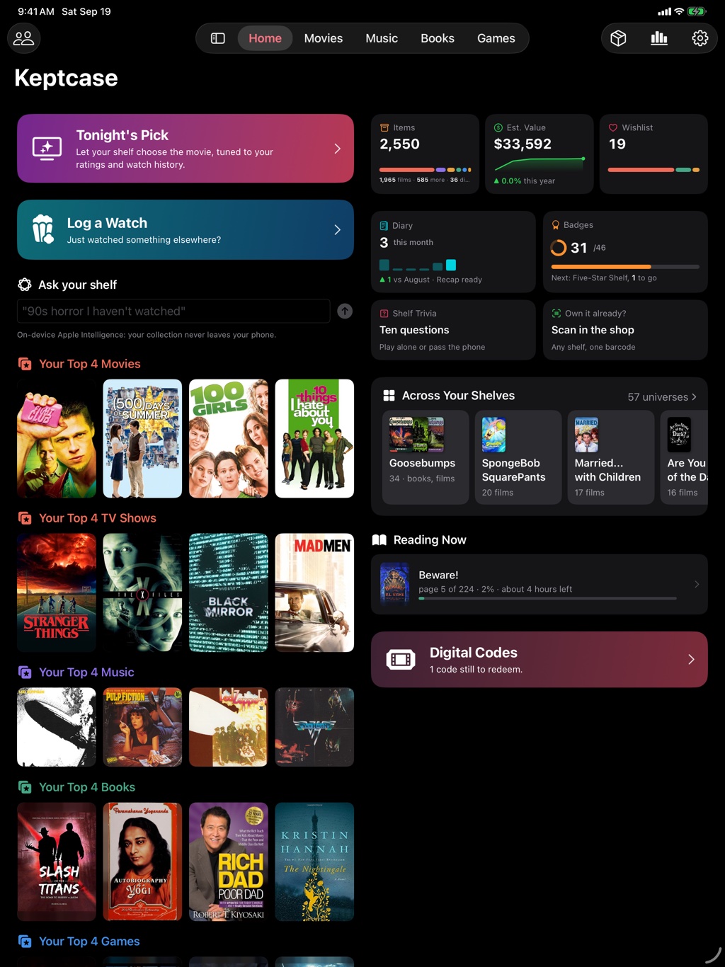 One shelf for everything you keep: the Keptcase home screen on iPad with Tonight's Pick, Log a Watch, Ask your shelf, the count and value, four live tiles, Across Your Shelves as a strip of covers, and the Top 4 movies, TV shows, music and books