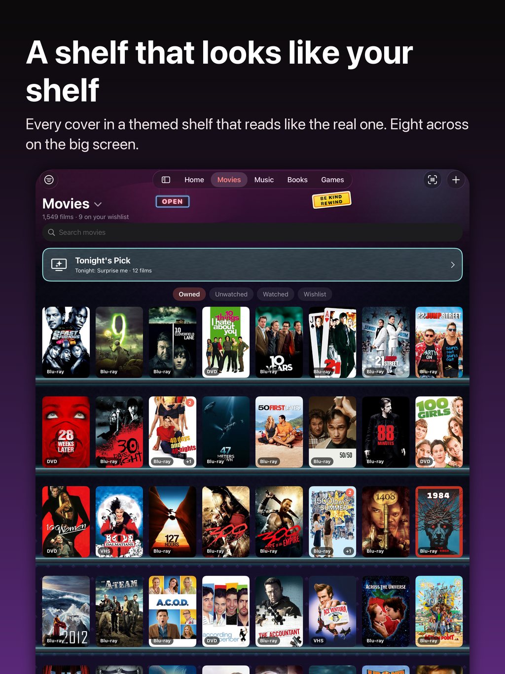 A shelf that looks like your shelf: the Movies shelf on iPad, eight covers across on a themed video-store shelf with each film's format