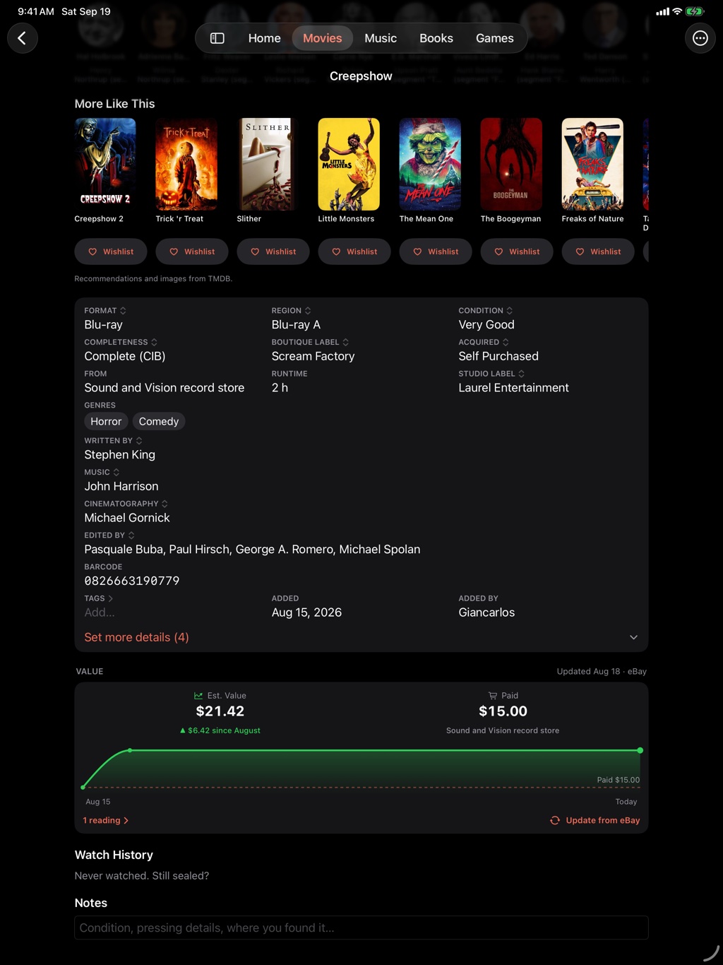 Every film, front and center: the Creepshow item page on iPad with More Like This, the facts grid, the value card with the estimate above the price paid, Watch History and Notes