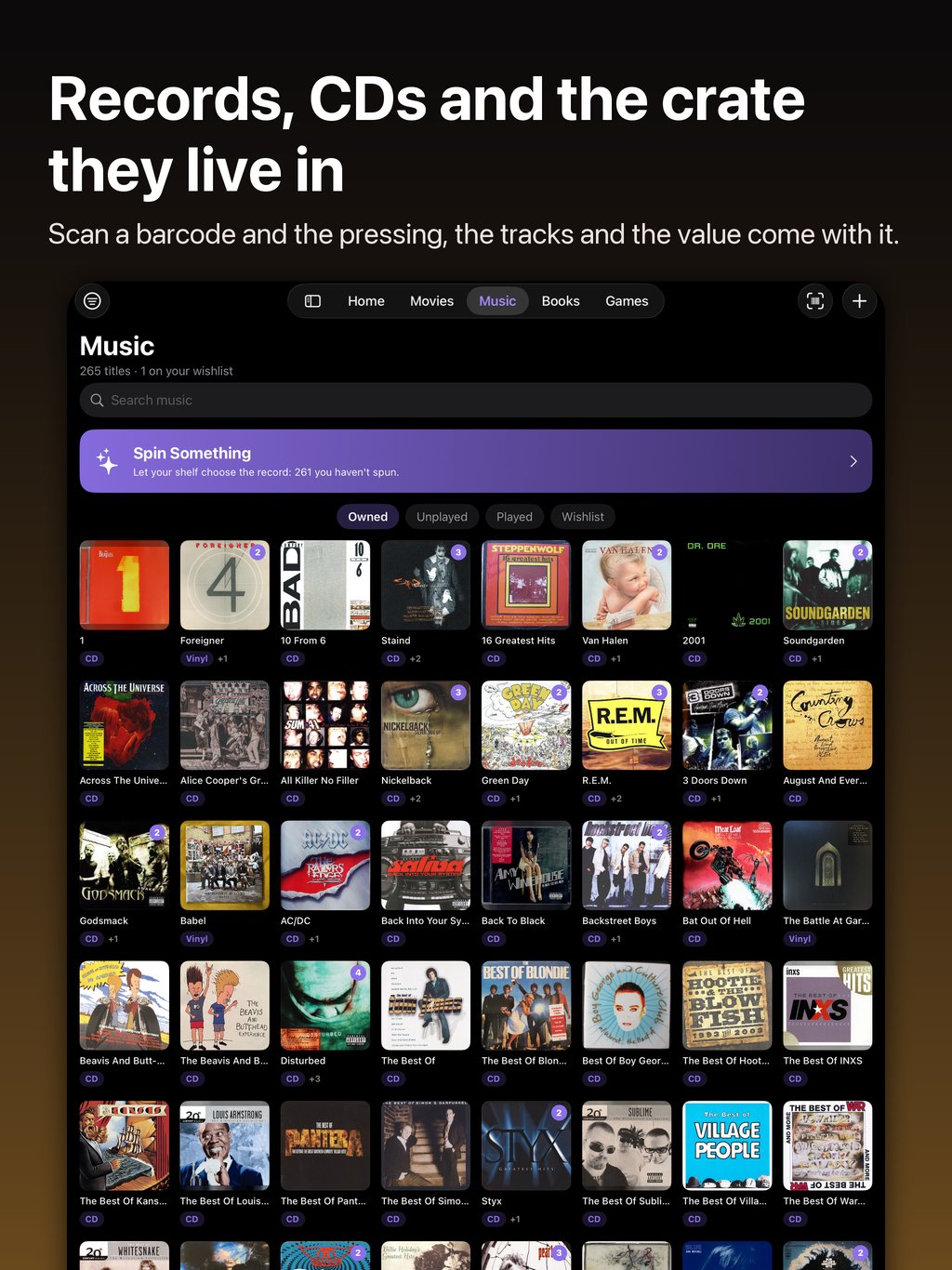 Records, CDs and the crate they live in: the Music shelf on iPad with album covers on a record-crate shelf and Spin Something