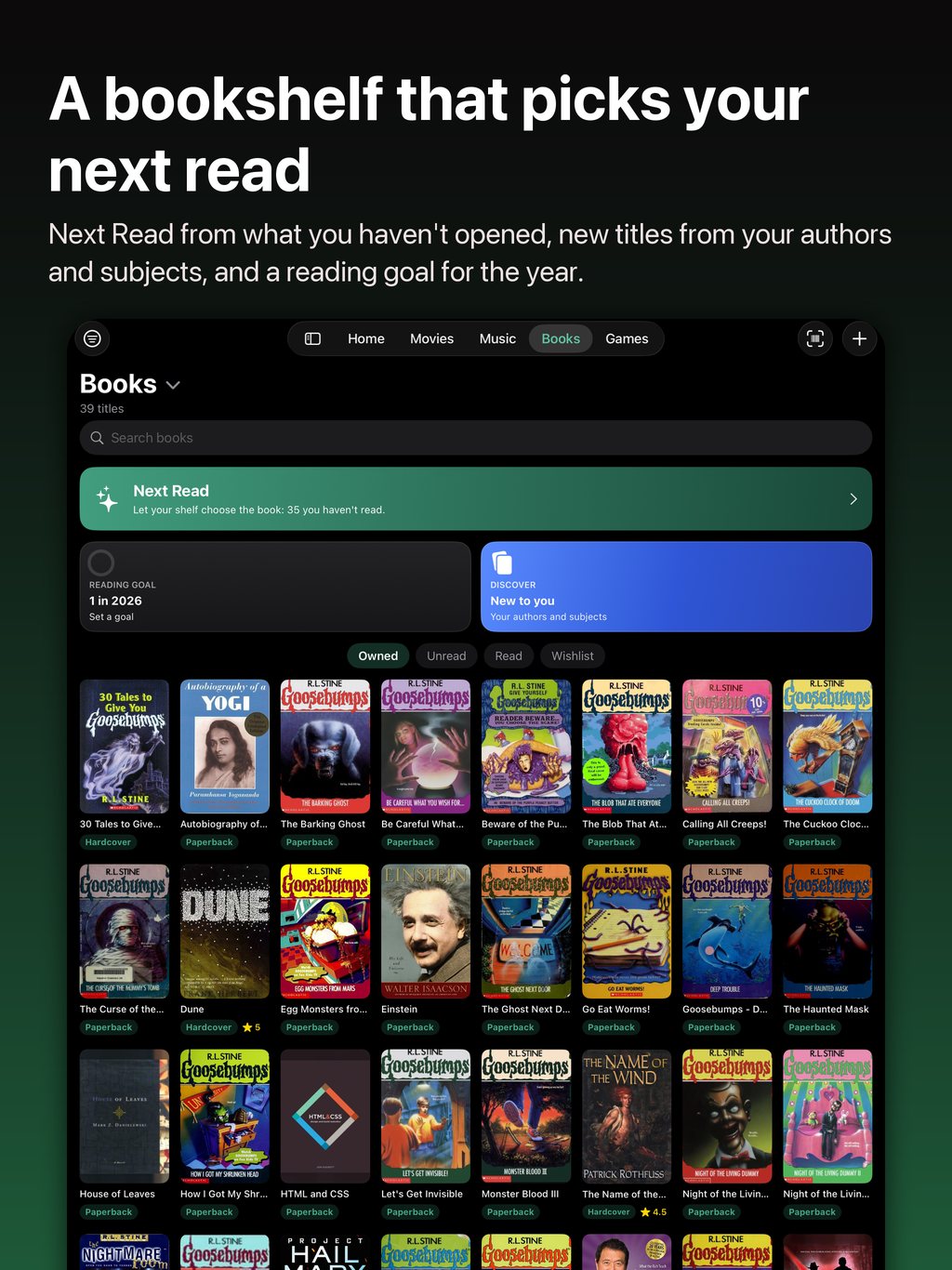 A bookshelf that picks your next read: the Books shelf on iPad with Next Read, the reading goal and the covers on a bookshelf