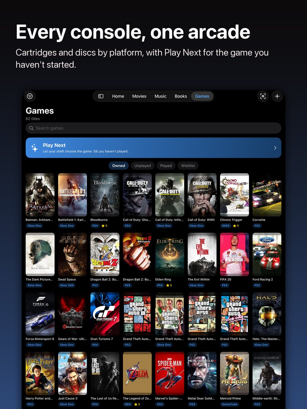 Every console, one arcade: the Games shelf on iPad with Play Next and box art by platform