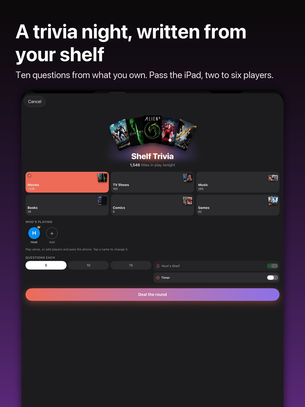 A trivia night, written from your shelf: the Shelf Trivia setup on iPad with the shelves to draw from, the players and Deal the round