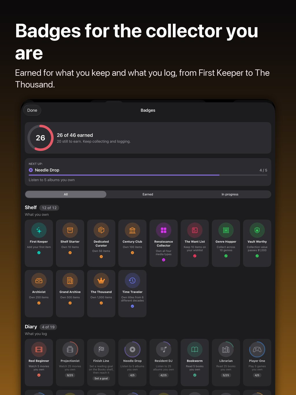 Badges for the collector you are: the Badges page on iPad, 26 of 46 earned, with the shelf and diary badges