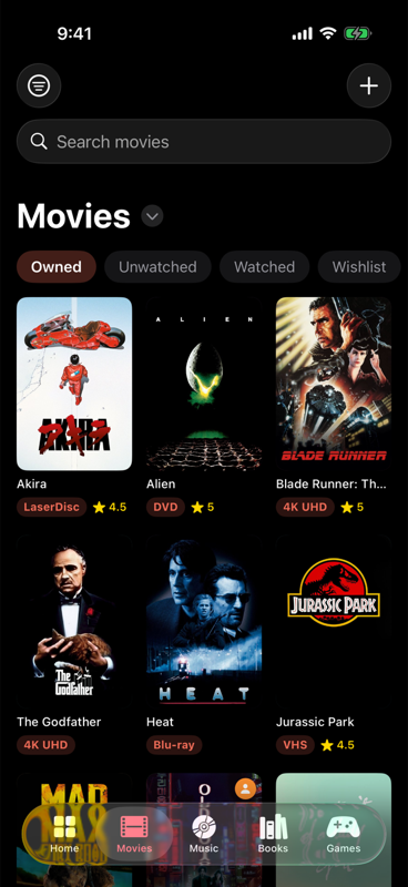 Keptcase movies collection showing Akira on LaserDisc, Alien on DVD, and Blade Runner on 4K UHD with real cover art