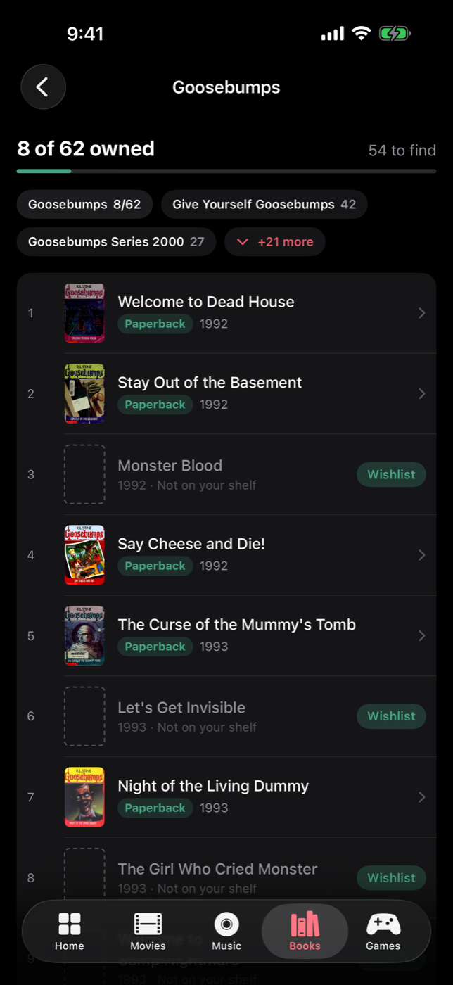 The Goosebumps series page: 5 of 62 owned with a progress bar, the lines you collect with their counts, then the run in number order with owned covers and dashed slots for the gaps, each with a Wishlist button