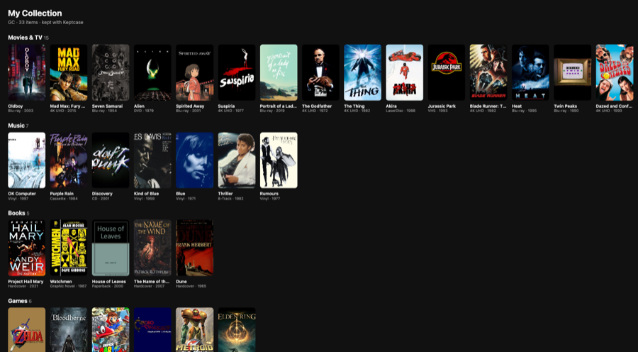 A real shared Keptcase shelf page showing a collection of movies, music, books and games