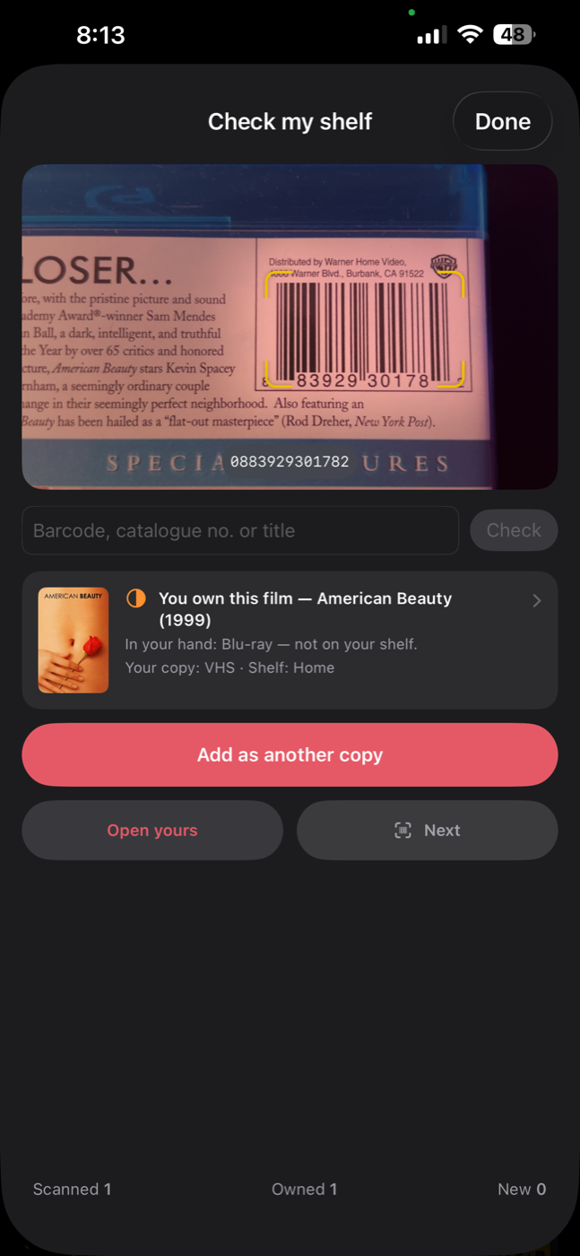 Check my shelf: the camera over a Blu-ray barcode and the answer card reading You own this film — American Beauty (1999). In your hand: Blu-ray — not on your shelf. Your copy: VHS, with Add as another copy and Open yours buttons
